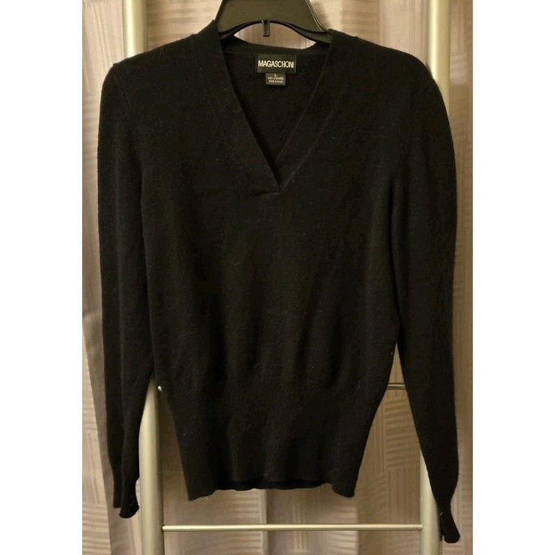 Magaschoni Cashmere Sweater Sz Large Black Minimalist Classic Quiet Luxury Chic